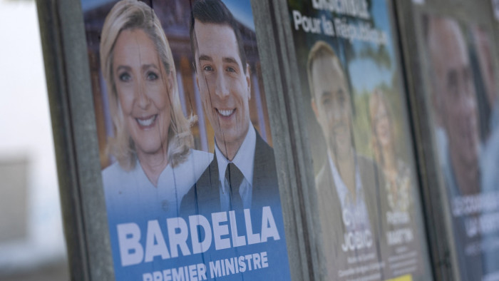The image, in the town of Callac, shows a selection of campaign posters from several political parties
