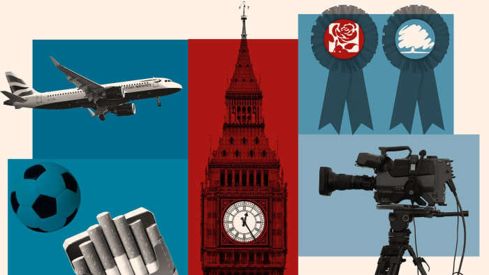 Photo montage depicting an airplane, Big Ben, Labour and Conservative rosettes, a television camera, a soccer ball, and a pack of cigarettes