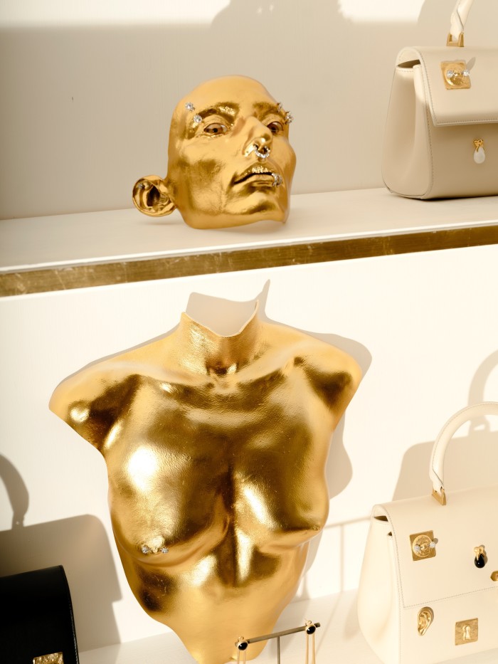 Schiaparelli Haute Couture trompe-l’oeil gilded bust made from metallised resin and custom-moulded golden brass mask-jewellery, POA