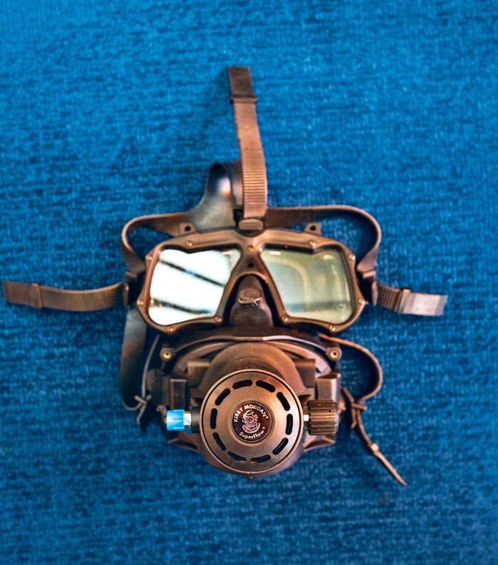 A Kirby Morgan scuba mask used by Cousteau on his Mission 31 expedition in 2014, where he spent 31 days underwater off the Florida Keys