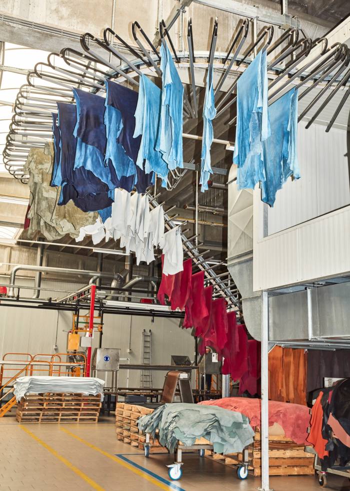 Coloured leathers at the Ecco Leather factory, made with Ecco’s low-water tanning method