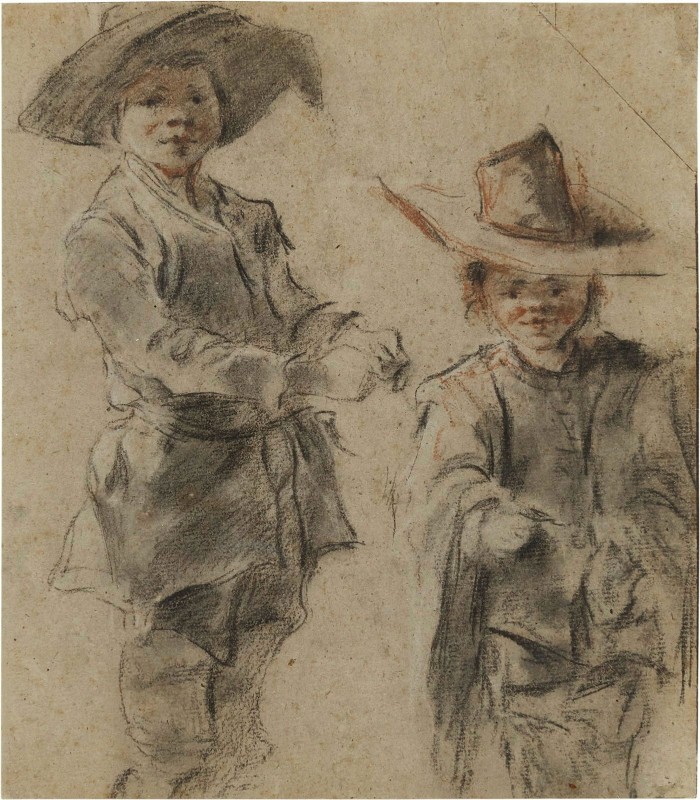 In a painting, two children wearing large, dark clothes and wide straw hats stare shyly in front of them. 