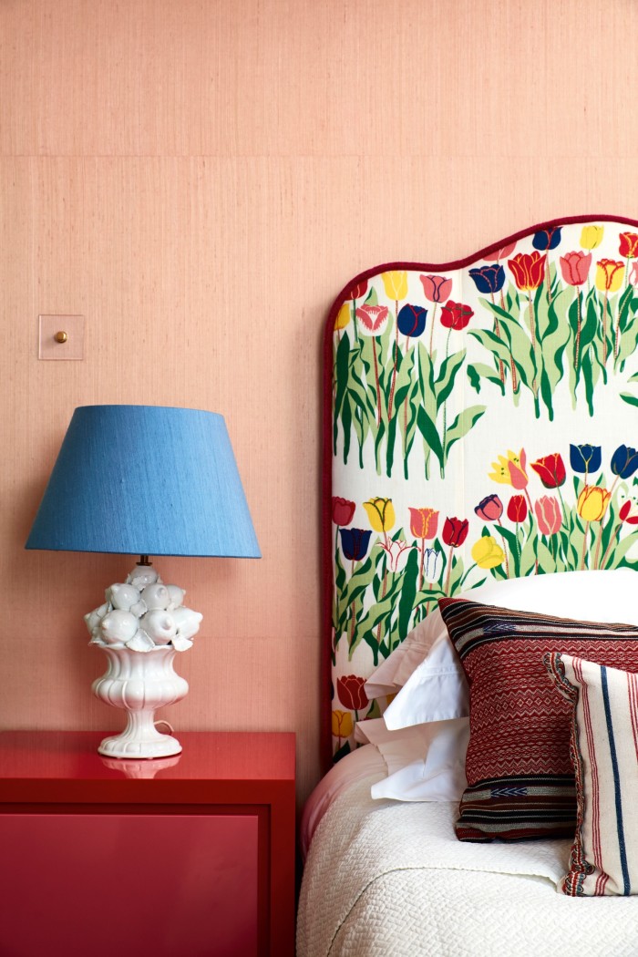 Josef Frank fabric on the headboard in her bedroom