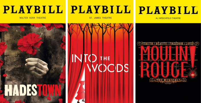Posters for Hadestown, Into the Woods and Moulin Rouge
