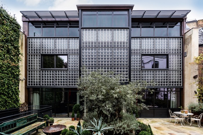 A mid-section of patterned glass blocks at Eglon House, London, on sale at £20m with Aston Chase and The Modern House