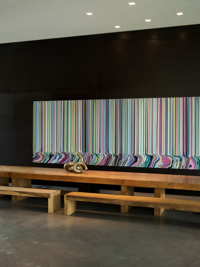Artwork in the Enea showroom: Not yet titled, 2017, by Alma Allen, sits in front of Colourcade: Doubletake, 2015, by Ian Davenport