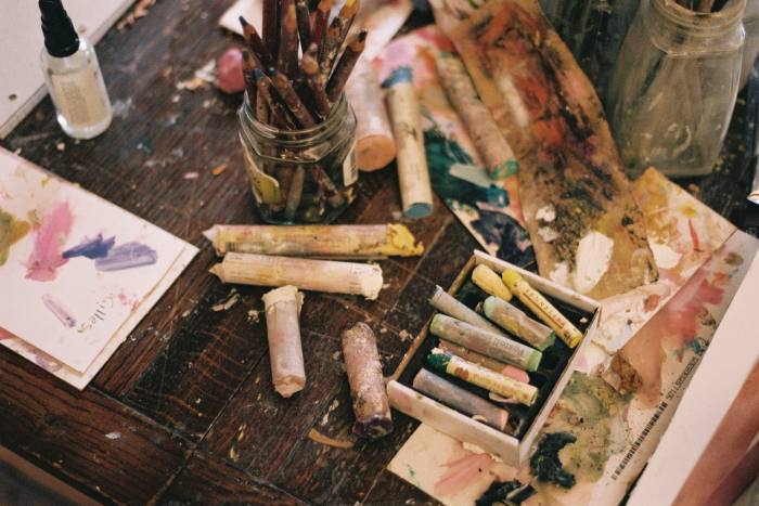 Oil pastels, pencils and materials used by Tangye