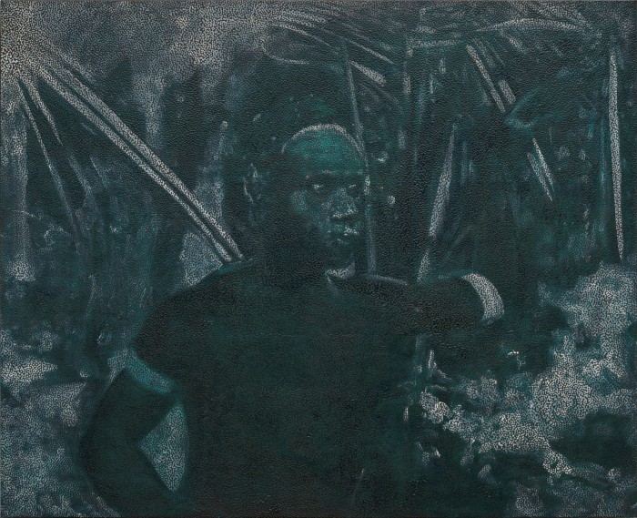Painting of a person in shades of black