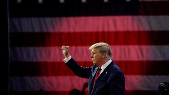 Donald Trump gestures after addressing the Conservative Political Action Conference in Maryland on Saturday