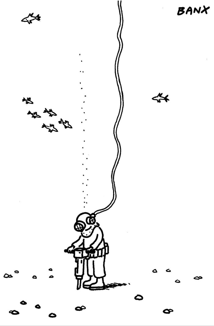 A Banx cartoon of a diver drilling underwater