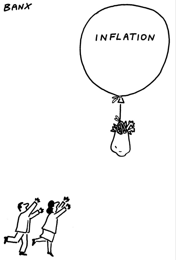 Cartoon of a couple chasing after goods lifted away by an inflation balloon