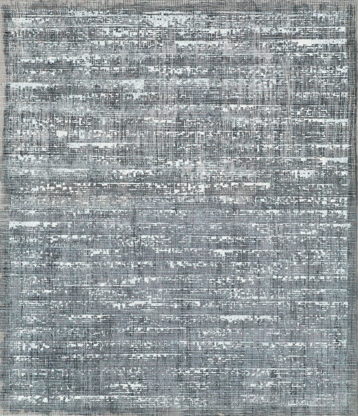In an abstract painting, small grey and white squares are juxtaposed in a wide, hypnotic tapestry composition.