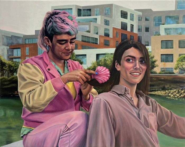 Painting of one person brushing another person’s hair