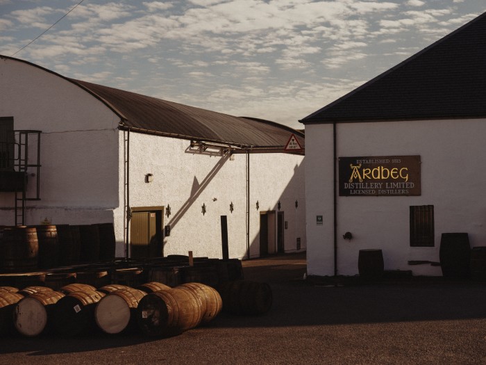 Empty casks outside the Ardbeg distillery on Islay