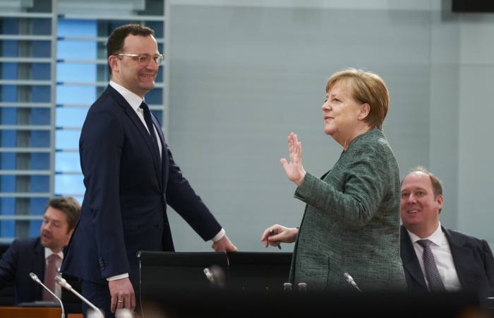 German chancellor Angela Merkel with health minister Jens Spahn in April. Spahn’s department played a key role in ramping up preparations to tackle the pandemic