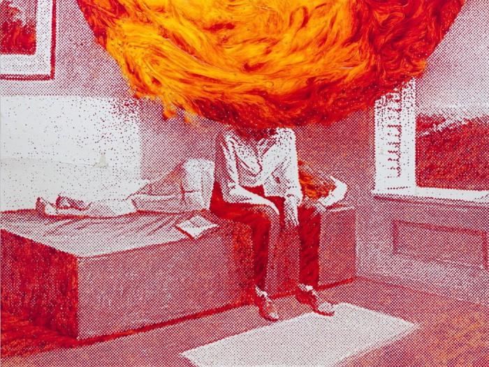 Red painting in comic-book-style dots of a person sitting on their bed, their head replaced by a ball of flame