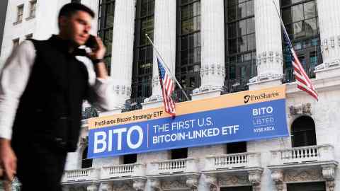 a banner for a bitcoin-related ETF hanging outside the New York Stock Exchange