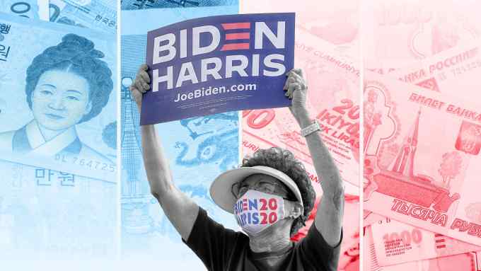 Montage of Biden supporter and Korean, Singaporean, Turkish and Russian currencies
