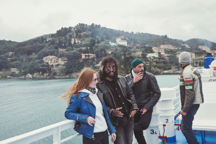 Lesley Bray, Zubin Jaffer, Lorenzo and Pietro Casadio Pizazzoli on the ferry to Giglio island