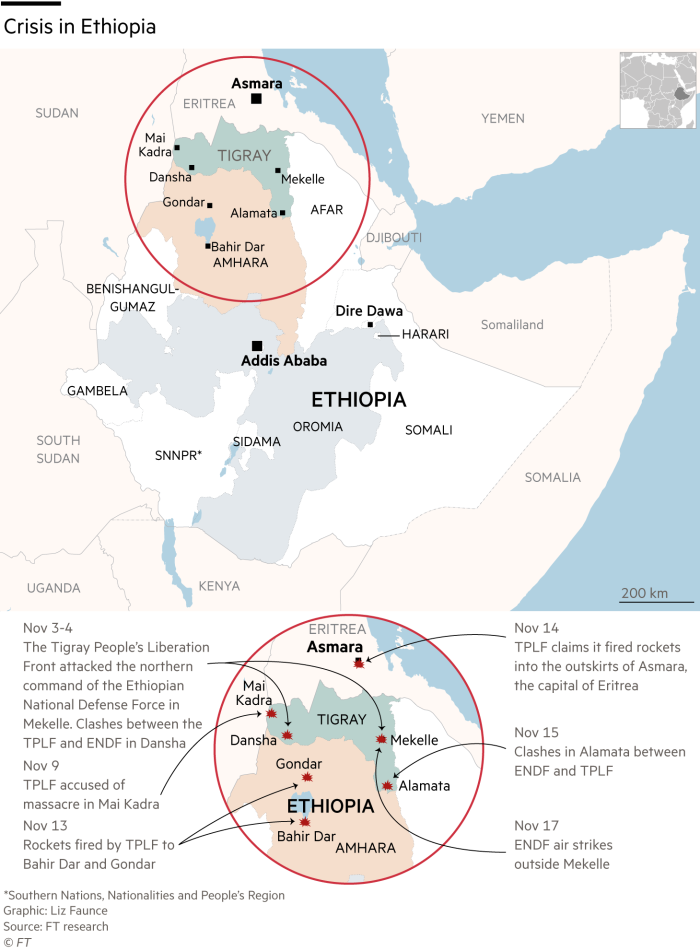 Map showing areas of conflict in and around Tigray, Ethiopia