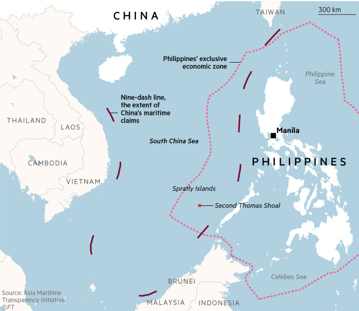 Map of the South China Sea showing China’s nine-dash line and the Philippines’ exclusive economic zone