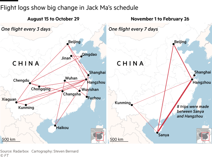 Two maps showing flight paths of Jack Ma's private jet since August last year.  Between August 15 and October 29, he took a flight every 3 days. Between November 1 and February 26 he took a flight every 7 days.