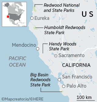 Travel map - select California redwoods parks