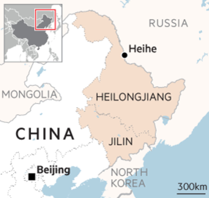 Map showing the Jilin and Heilongjiang provinces in China, as well as the city of Heihe and the capital Beijing