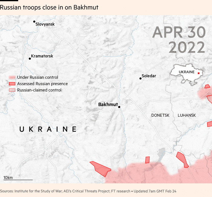 Map animation since April 30 2023showing Russian troops closing in on Bakhmut