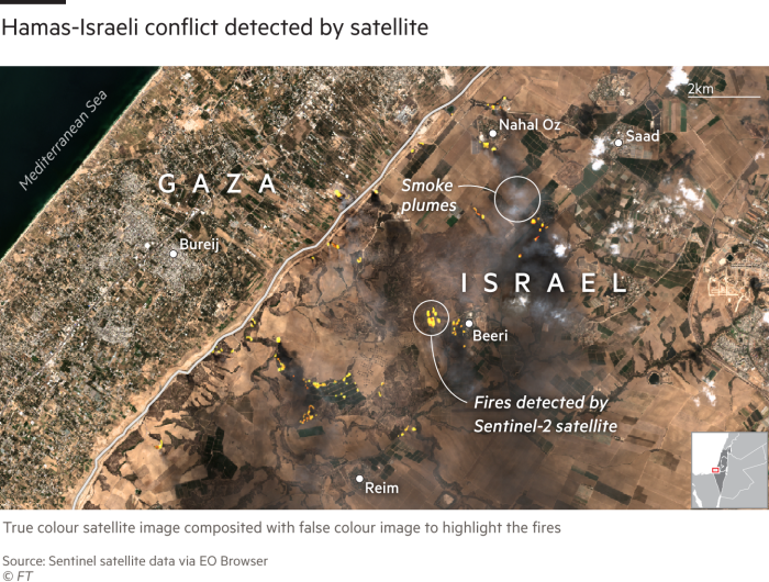 Satellite map of the Israel-Gaza border area showing the location of fires and smoke plumes