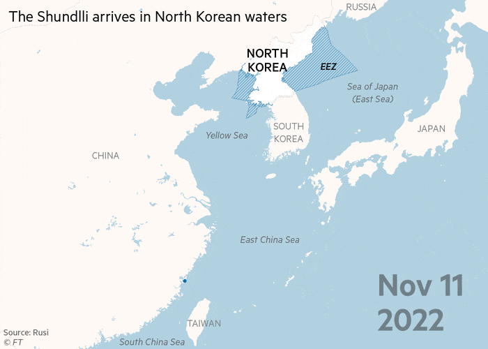 Animated map showing the Shundlli arriving in North Korean waters