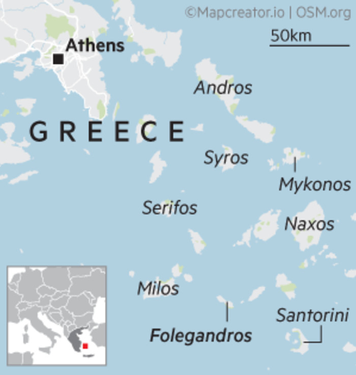 Map of Greece showing the capital Athens, Folegandros and neigbouring islands