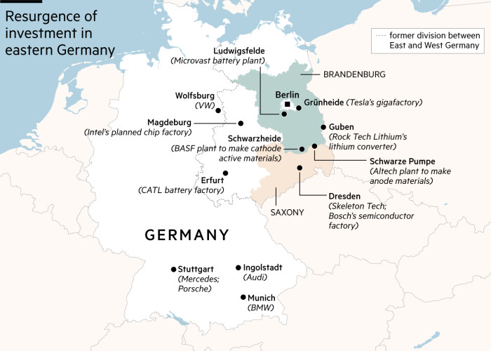 Map showing recent resurgence of investment in eastern Germany