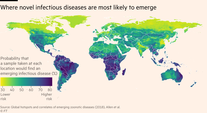 Map showing the regions where novel infectious diseases are most likely to emerge