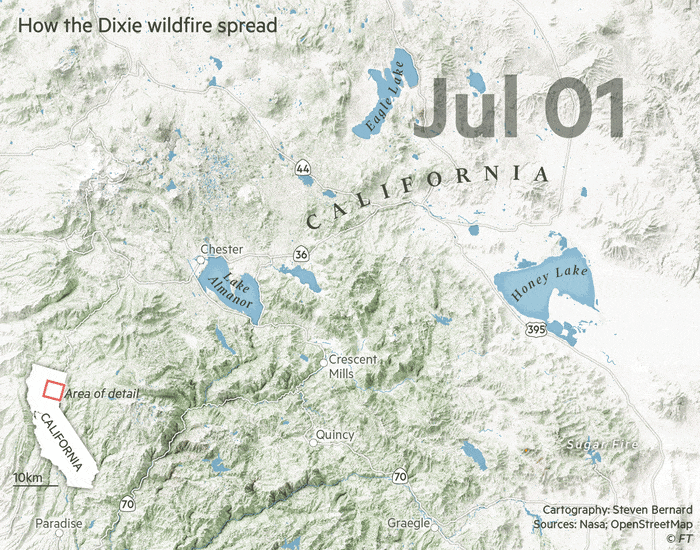 Map animation showing how the Dixie wildfire spread.   The fire started in Feather River Canyon near Cresta Dam on July 13 and travelled north-east.  By the time it was contained, the Dixie fire burned almost 3,900 square kilometres, making it the second-largest single fire in Californian history  