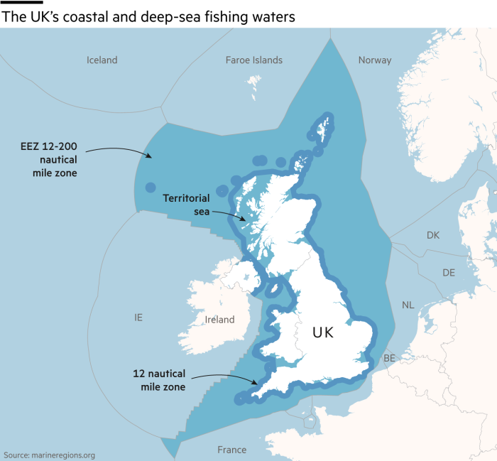 Map showing the UK’s coastal and deep-sea fishing waters, including the 12 nautical mile zone and the EEZ 12-200 nautical mile zone