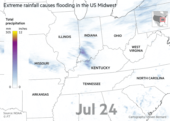 Extreme rainfall causes flooding in the US Midwest. Map of US Midwest showing total precipitation between July 24 and July 31. Parts of Kentucky experienced
more than 3x the average rainfall for July in a 24-hour period 