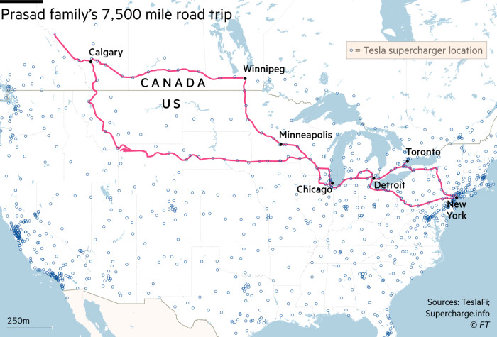 Map showing the Prasad family's 7,500 mile road trip