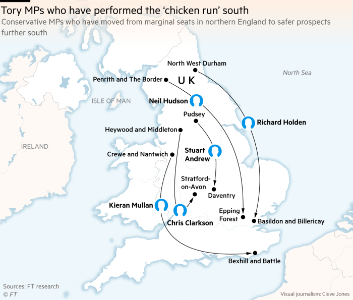 Map showing Tory MPs performing the ‘chicken run’ south