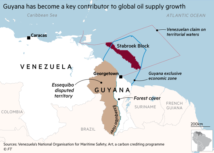 Map of Venezuela and Guyana in South America showing the location of the Stabroek oil field