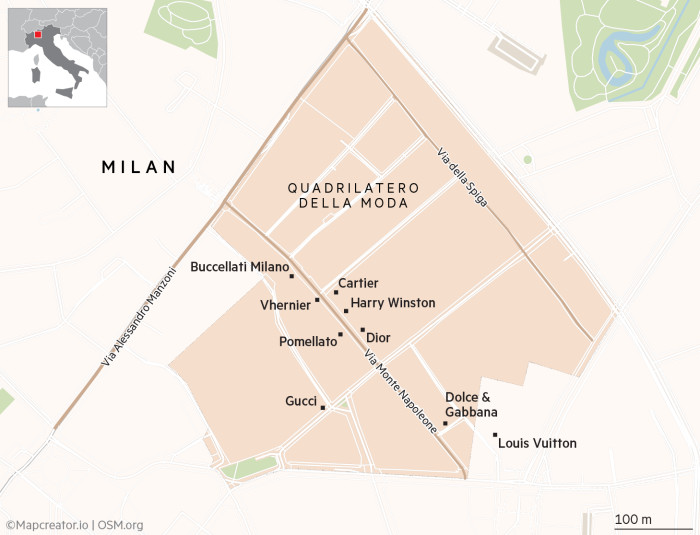 Map of Milan’s Quadrilatero della Moda
