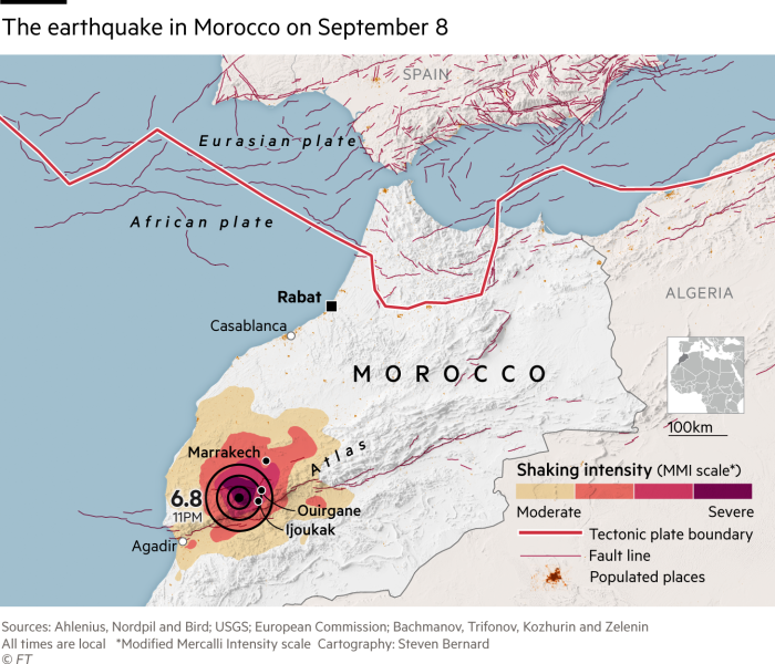 Map showing the 6.8 magnitude earthquake that struck Morocco on September 8.