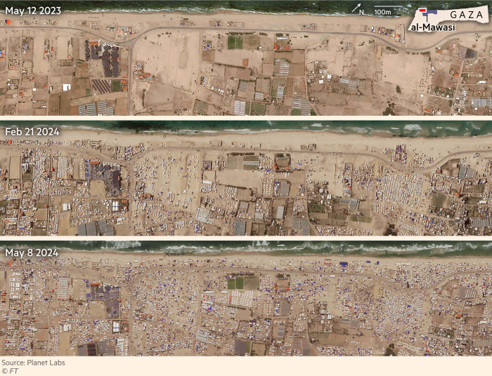 Satellite images showing part of the coastline in the humanitarian zone al-Mawasi, Gaza. Images from May 12 2023 show the area is clear and largely sand. Imagery from Feb 21 2024 show tents have been set up across the area with even more tents by May 8 2024. Source: Planet Labs