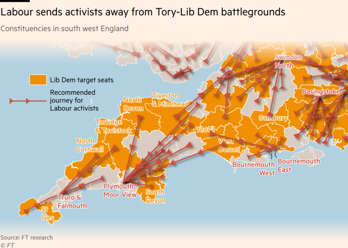 A map of constituencies in the south west of England highlighting Lib Dem targets. The recommended journeys of Labour activists away from target areas is clearly displayed 