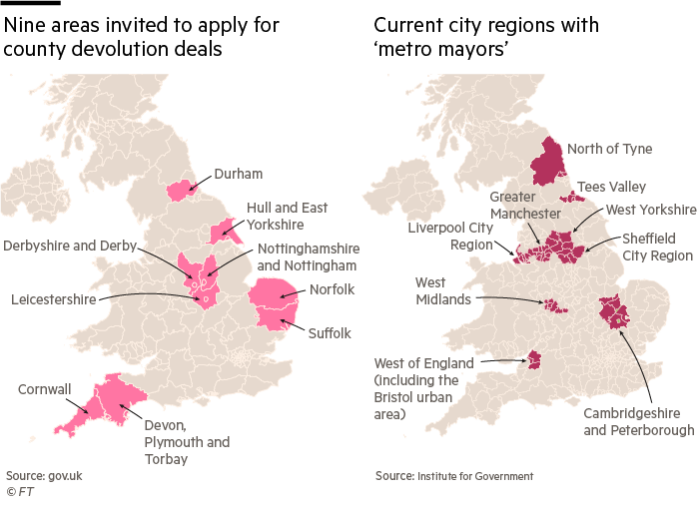 Two maps showing: Nine areas invited to apply for county devolution deals and current city regions with ’metro mayors’