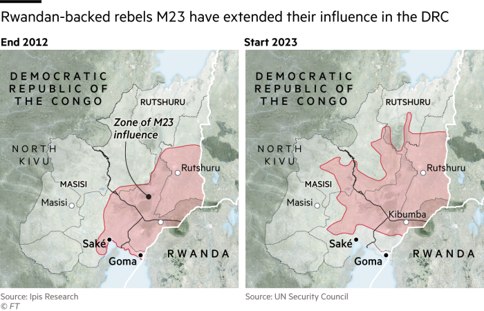 Rwandan rebels extend their influence into the DRC’s North Kivu province. Map showing area of influence of the M23 Rwandan rebels in North Kivu province in the Democratic Republic of the Congo in 2012 and 2023