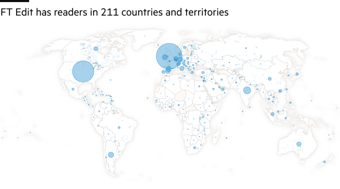 Map of the world showing the number of readers of FT Edit in 211 countries