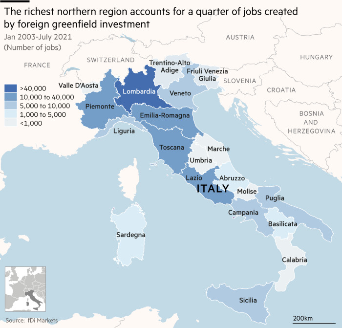 Italy Map:The richest northern region accounts for a quarter of jobs created  by foreign greenfield investment