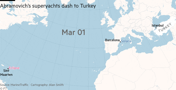 An animated map showing the paths of two of Roman Abramovich's yachts, Eclipse and Solaris, as they headed towards Turkey in March