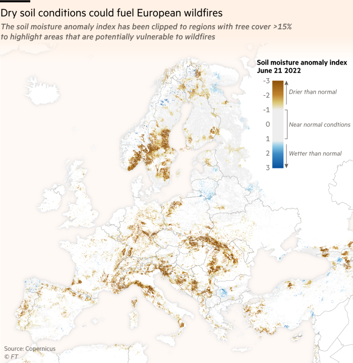 Dry soil conditions could fuel European wildfires. Map of Europe showing the soil moisture anomaly index, which has been clipped to regions with tree cover >15% to highlight areas that are potentially vulnerable to wildfires  